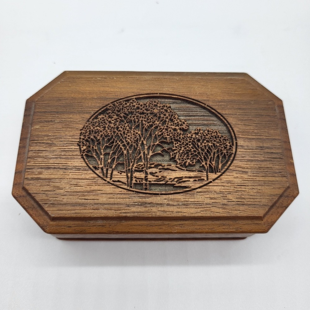 Vintage 1988 LaserCraft Wood Music Box Trinket Jewelry Box Woodland Scene USA